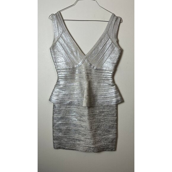 HERVE LEGER BANDAGE BODYCON MINI BONDAGE METALLIC MINI DRESS M - Picture 1 of 8